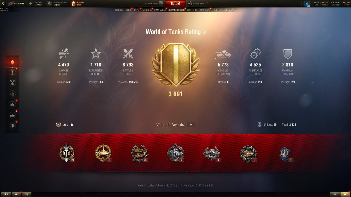 WOT ACCOUNT EU 3 X Tier tanks 8 Premium tanks 5,2M credits + WOT 2.0 REWARDS!!!