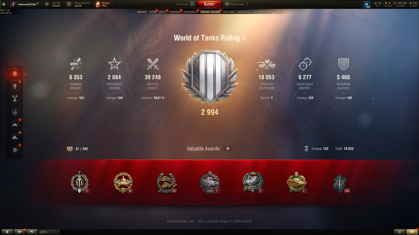 WOT ACCOUNT EU 14 X Tier tanks 5 premium tanks 3,7M Credits 39K Battles + WOT 2.0 REWARDS!!!