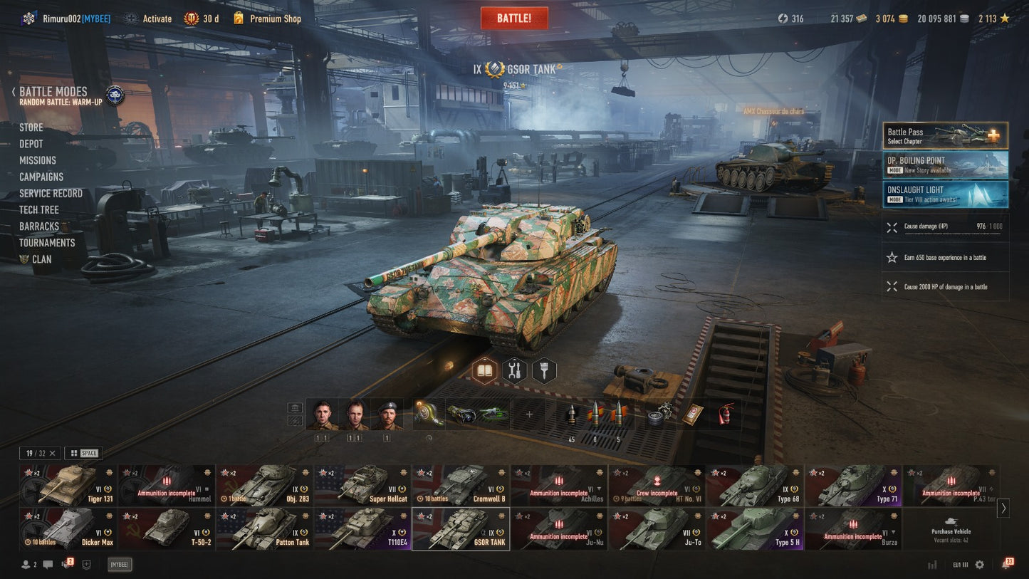 WOT ACCOUNT EU 3 X IN GARAGE TIER TANKS, 3 IX TIER TANKS, 30 DAYS PREMIUM, 20M CREDITS. 3000 GOLD, 21,3K BONS