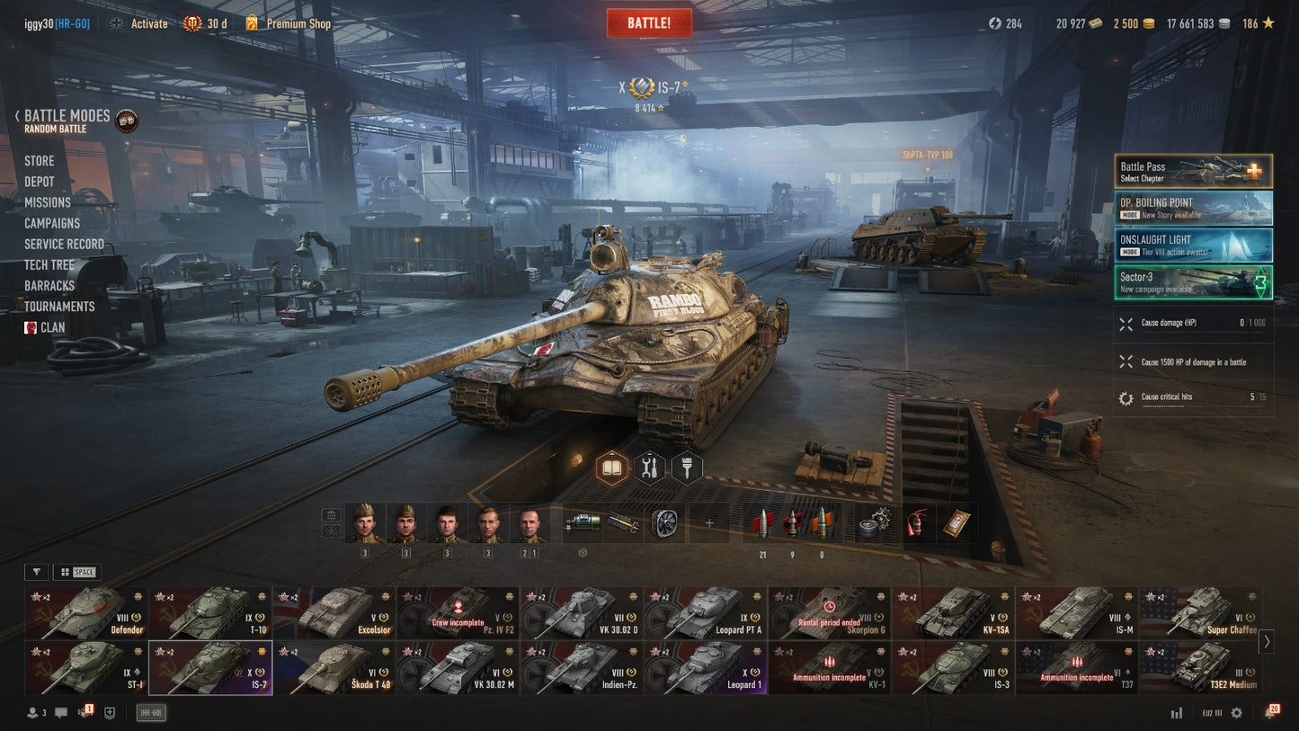 WOT ACCOUNT EU 3 X TIER TANKS, 3 IX TIER TANKS, 4 VIII TIER TANKS, 17,6M CREDITS, 2500 GOLD, BONDS 21K